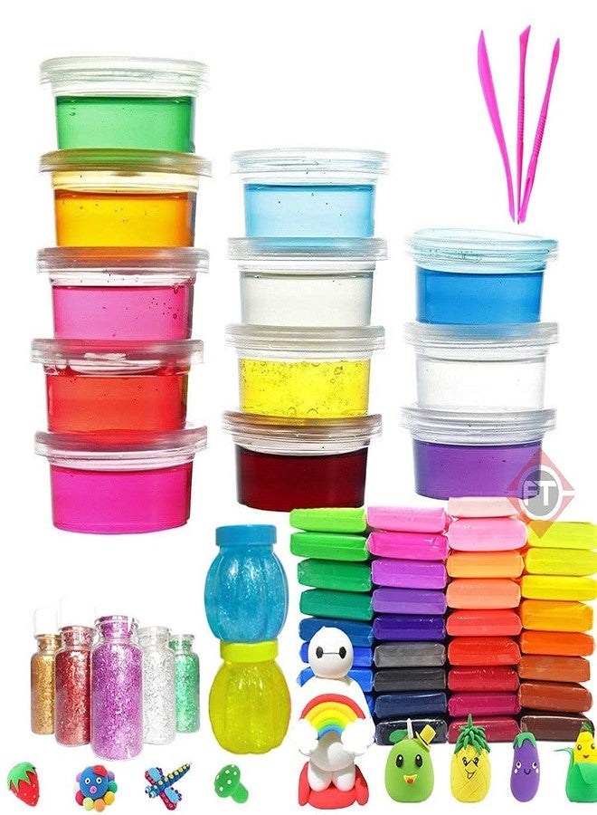 Firstly Traders DIY Slime Kit with 12 Crystal Slime+ 60 Air Dry Clay+ 2 Slime Pot with Free Tools and Glitter for Kids Boys and Girls Age 3+ Years Magic Mud Surprise Gift - Image 1
